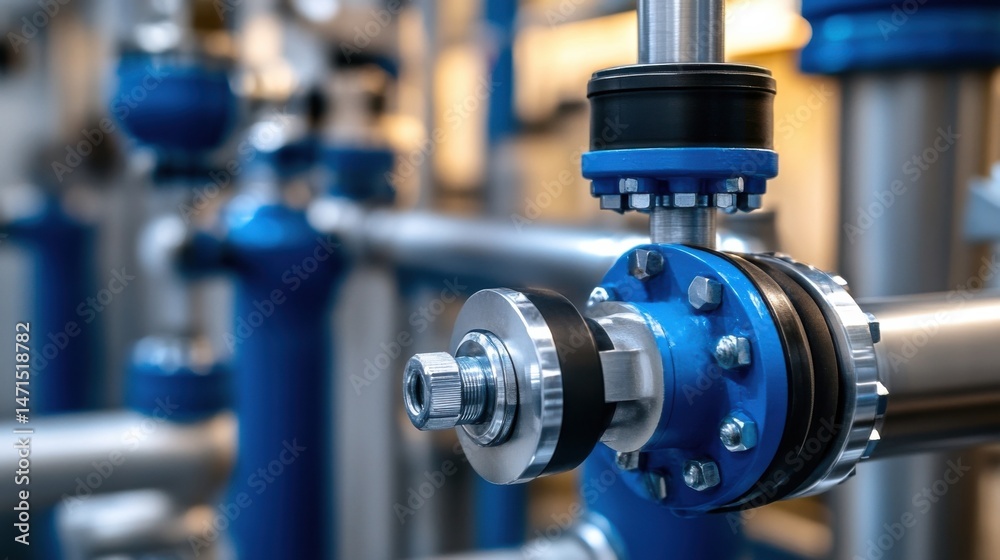 Poster Close-up view of a blue industrial valve and pipe system, showcasing intricate metallic components and robust engineering. : Generative AI