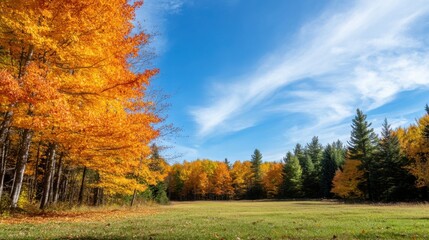 Fototapeta premium Vibrant autumn foliage illuminates a picturesque meadow, framed by golden maple trees and evergreen pines under a bright blue sky with wispy clouds. : Generative AI
