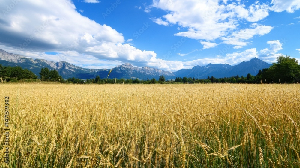 Poster golden wheat field stretches towards majestic mountain range under a vibrant summer sky, creating a 