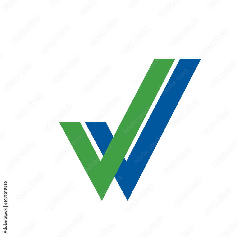 Poster overlapping green and blue check marks creating a double check symbol on a white background design i