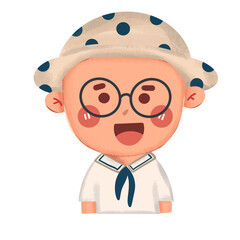 cartoon of little boy wearing hat and uniform with various expressions