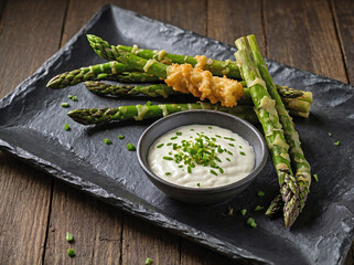 pieces of asparagus tempura on a slate rectangular plate with a small white dipping sauce bowl.