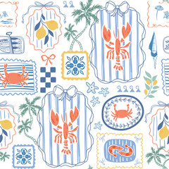 Fototapeta na wymiar Mediterranean summer mosaic seamless pattern. Cute coastal beach wallpaper. Italian food, lobster and sardine, sailboat, bows, ribbons, checkered elements, palms. Vector background, textile design