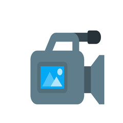 Illustration of a gray camcorder with a blue screen displaying mountains and a white circle image icon