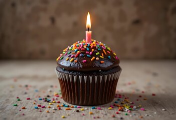 A rich chocolate cupcake with a single lit candle, topped with colorful sprinkles, set against a rustic wooden background, perfect for birthday celebrations.