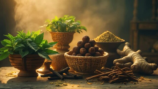 List of Ayurvedic Herbs: 1. Sarana 2. Dried Amla Fruits 3. Pawatta 4. Collection of Liquorice Sticks 5. Sarsaparilla Root 6. Dry Ginger