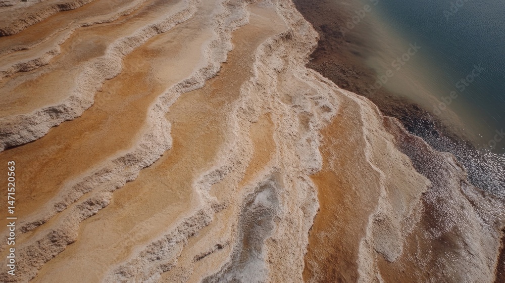Poster aerial view of layered, beige and brown mineral deposits near a body of water, showcasing a unique g