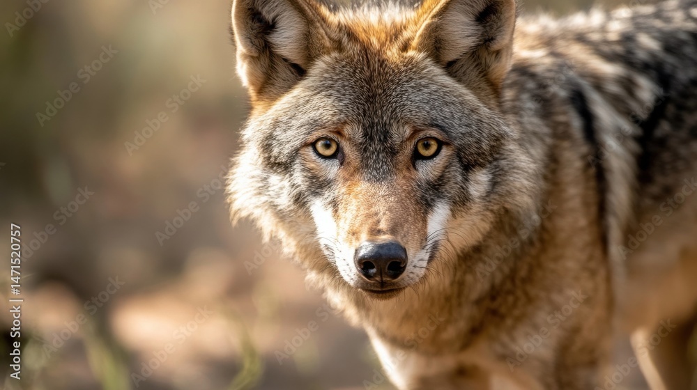 Poster close-up portrait of a majestic gray wolf, its intense amber eyes fixed on the viewer, set against a
