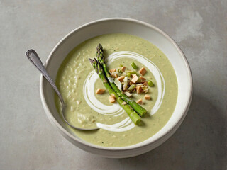 A shallow white bowl of creamy asparagus soup with a swirl of cream and asparagus tip placed delicately on top.