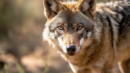 Close-up portrait of a majestic gray wolf, its intense amber eyes fixed on the viewer, set against a softly blurred forest background. : Generative AI