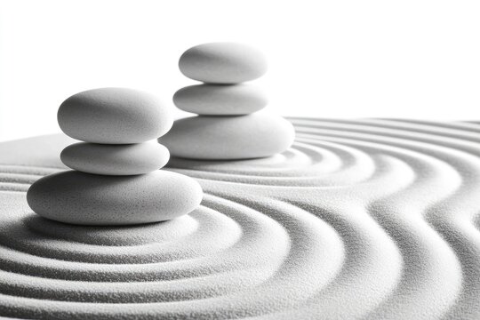 Serene white stones balanced on raked sand, creating a minimalist zen garden scene