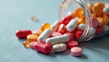 Close-up of various pills and capsules in a clear container , pharmacy supplies, treatment