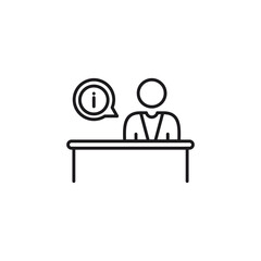 A minimalist line drawing illustration of icon information desk. Represents communication, help, assistance, or customer service. Clean and simple design ideal for websites, apps, and presentations.