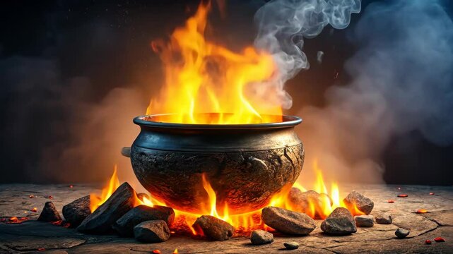 A dark cauldron boils over a crackling fire, emitting smoke and steam in a mysterious ritual.