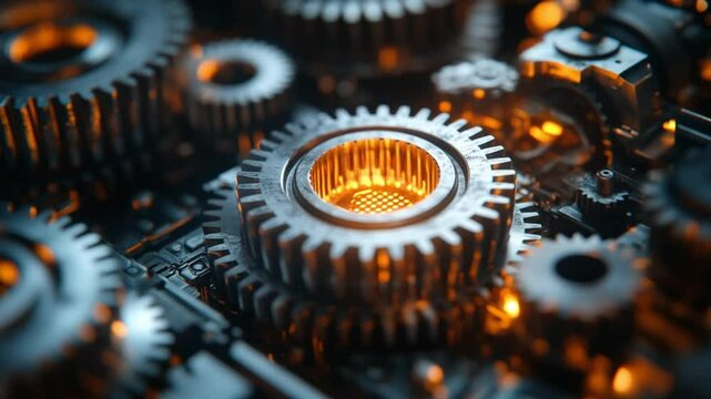 Rotating mechanical gears in close-up with precision engineering and metallic shine