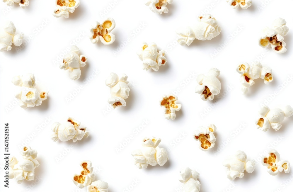 Poster A delightful pattern of fluffy popcorn kernels scattered on a pristine white background, perfect for movie night or snack time imagery. : Generative AI