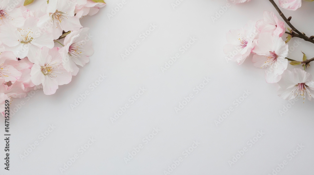 Poster delicate pink cherry blossoms arranged on a light gray background, creating a serene and elegant flo
