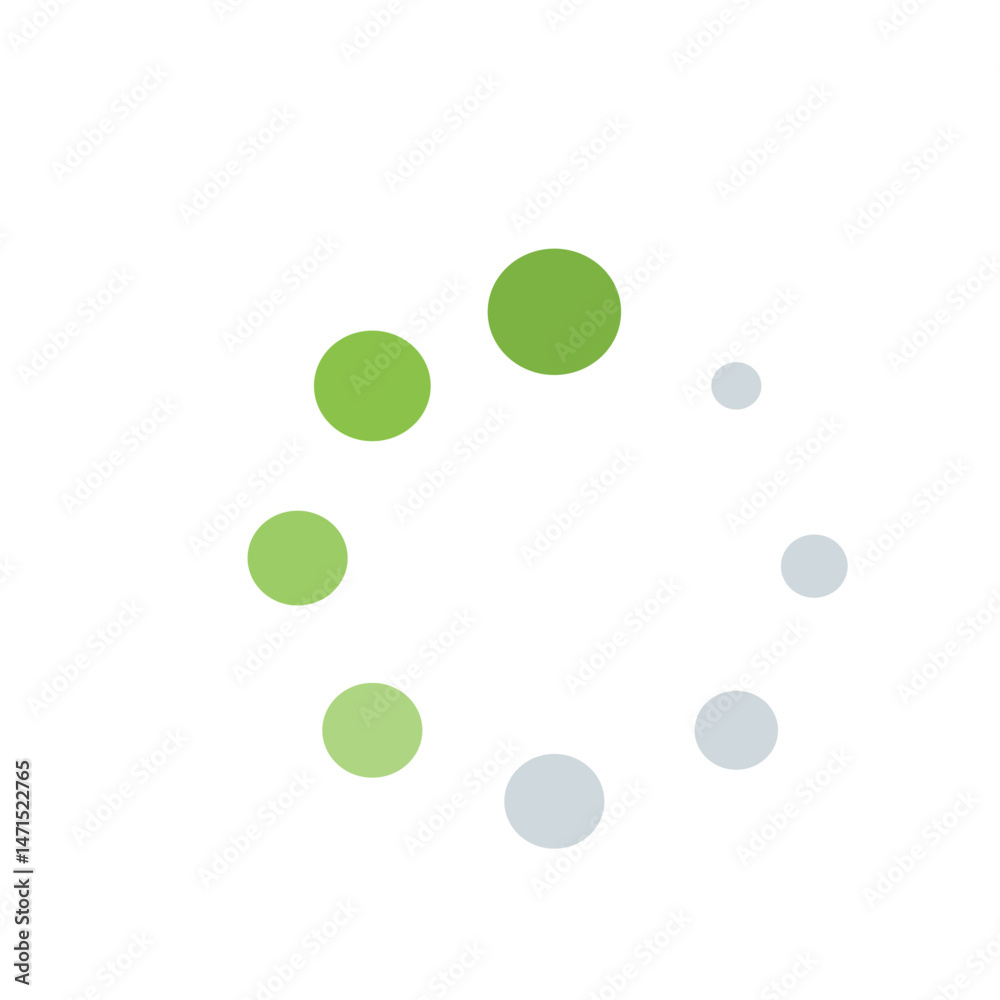 Poster circular arrangement of green and gray circles on a white background creating a loading or progress 