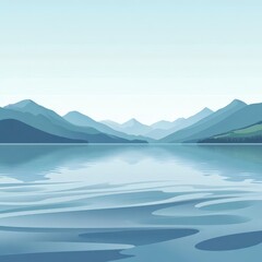 A serene landscape featuring calm water and distant mountains under a clear sky.
