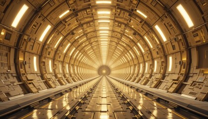 Futuristic tunnel design with glowing lights and metallic surfaces, emphasizing perspective and depth in a sci-fi environment