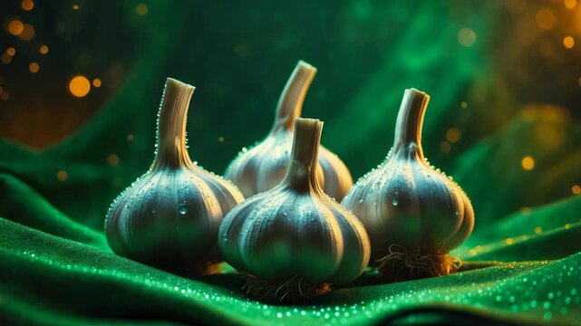 An video of garlic bulbs set on a surface