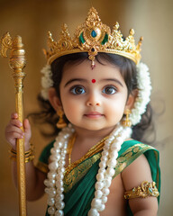 Obraz premium beautiful Indian baby girl wearing a traditional green sari and a gold crown, holding the mace of Lord Ram in her hand