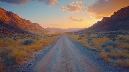 Fototapeta premium Desert road at sunset, dramatic landscape (1)