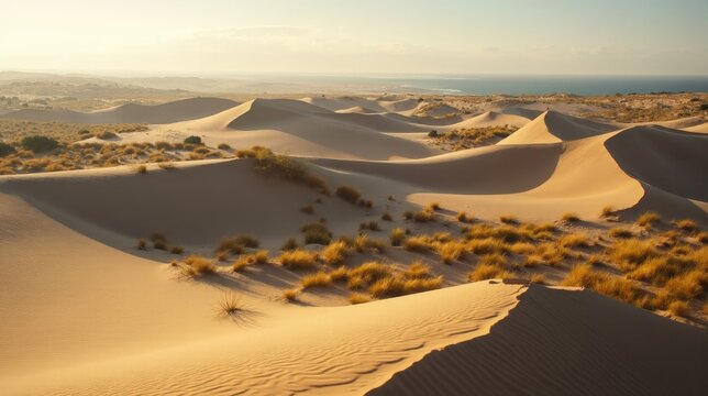 Sunny midday panorama of Liencres Dunes, featuring sand formations and coastal vegetation.