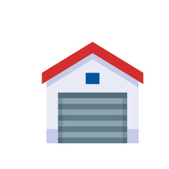 Illustration of a storage unit with a red roof and a closed gray door in a simple cartoon style design