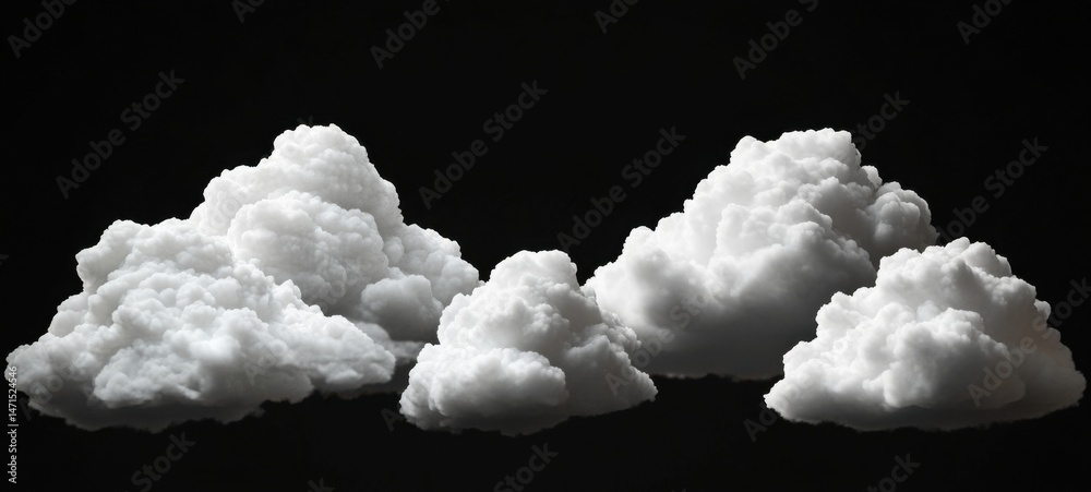 Aufkleber Three fluffy cumulus clouds isolated on a black background, ideal for compositing and design projects.  High-resolution image perfect for adding dramatic weather elements to your artwo : Generative AI