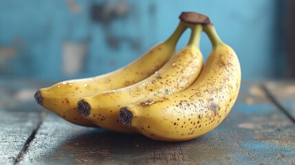 Close-up view of a bunch of yellow bananas on a wooden surface.