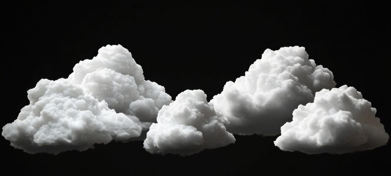 Three fluffy cumulus clouds isolated on a black background, ideal for compositing and design projects. High-resolution image perfect for adding dramatic weather elements to your artwo : Generative AI - Powered by Adobe