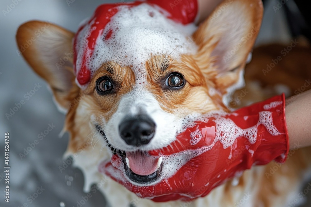 Poster happy corgi puppy getting a bath, covered in soapy bubbles, being washed by red gloved hands. : gene