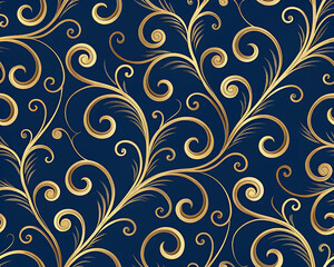 Classic luxury wallpaper with gold leaf motifs on dark blue / Papel tapiz clásico de lujo con motivos de hojas doradas sobre azul oscuro

