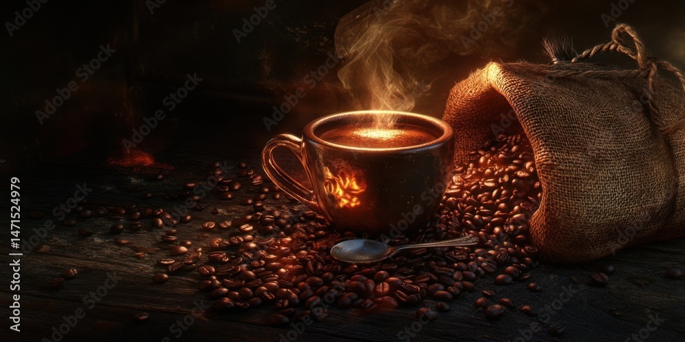 Poster a steaming cup of coffee sits on a dark wooden table, surrounded by roasted beans spilling from a bu
