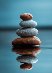 Serene Stack of Stones Reflecting in Calm Water, a Symbol of Balance and Tranquility, Perfect for Spa or Wellness Themes. : Generative AI