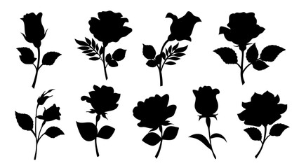 Set of decorative rose with leaves. Flower silhoutte. Vector illustration