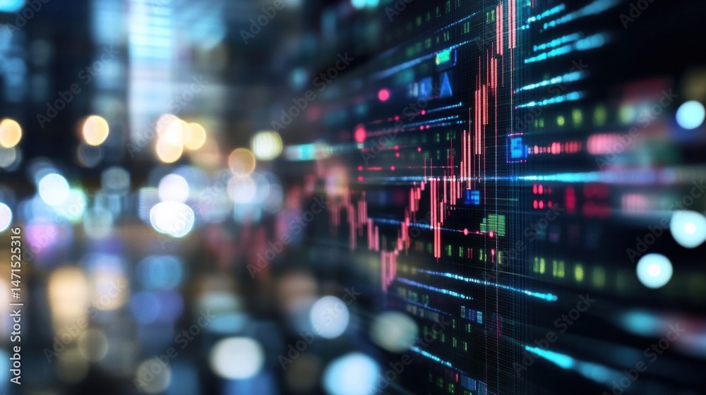 Poster a futuristic display shows dynamic stock market data, overlaid with a blurred city nightscape, repre