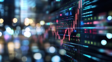 A futuristic display shows dynamic stock market data, overlaid with a blurred city nightscape, representing global finance and technological advancements. : Generative AI