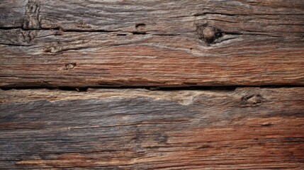 Fototapeta premium Close-up view of rustic, weathered wood planks showing rich brown and gray tones, intricate grain patterns, and natural knots. : Generative AI