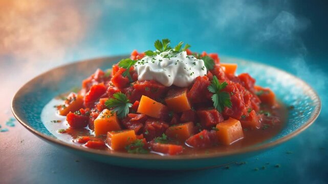A bowl of borsch represents a culinary dish.
