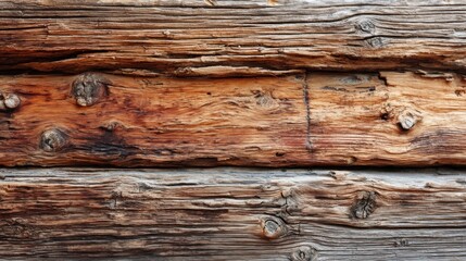 Fototapeta premium Close-up view of rustic, weathered wooden planks showing rich brown and gray tones, intricate grain patterns, and prominent knots. : Generative AI