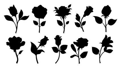 Set of decorative rose with leaves. Flower silhoutte. Vector illustration
