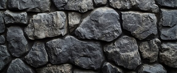 Fototapeta premium Dark gray stone wall texture, irregular shaped rocks, rough surface, natural stone pattern, building material, architectural detail, close view, seamless backdrop. : Generative AI