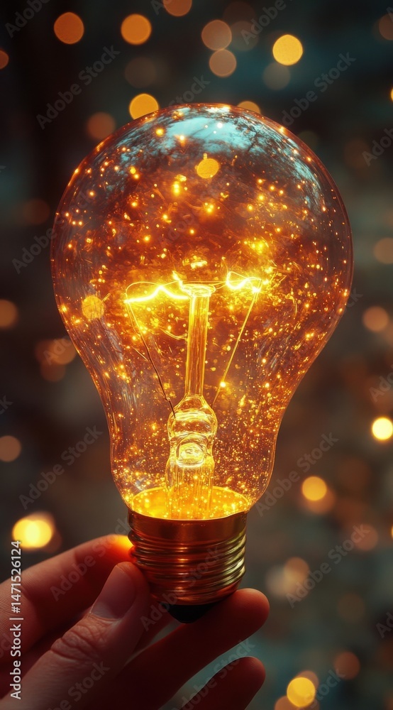 Poster A hand gently holds a glowing vintage lightbulb, its interior shimmering with golden sparkles against a bokeh background of warm lights. : Generative AI