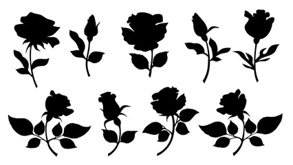 Set of decorative rose with leaves. Flower silhoutte. Vector illustration