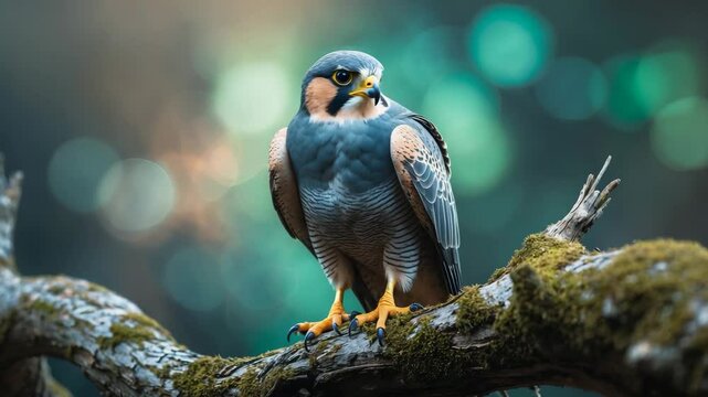 A portrait showcasing a hybrid falcon perched on a branch, looking out