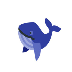 A cartoon style illustration of a blue whale with a light blue belly and a small eye on a white background