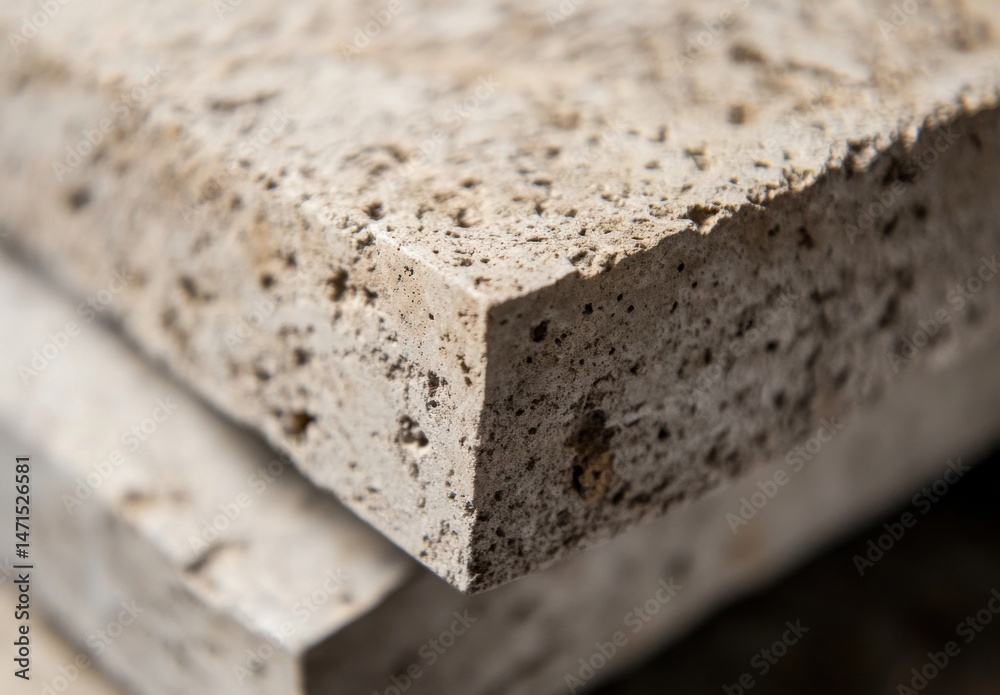 Aufkleber close-up view of a textured, beige concrete block, showcasing its porous surface and rough edges, id