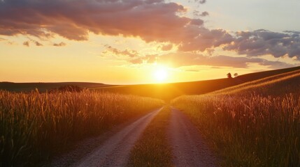 Fototapeta premium Sunset over a golden wheat field, a dirt road leading towards the setting sun, creating a picturesque rural landscape. : Generative AI